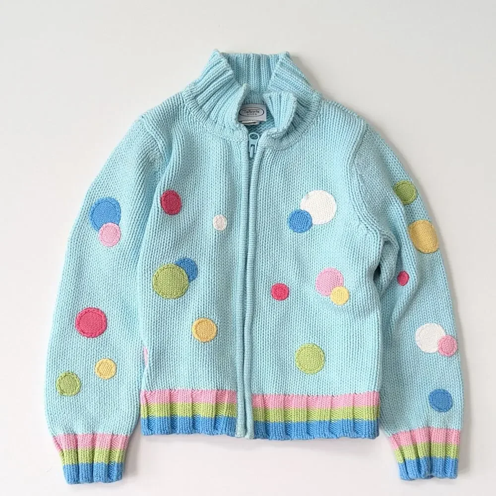 Talbots Kids Vintage 90s Girls Knit Cardigan | Size 6 | Turquoise Polka Dots